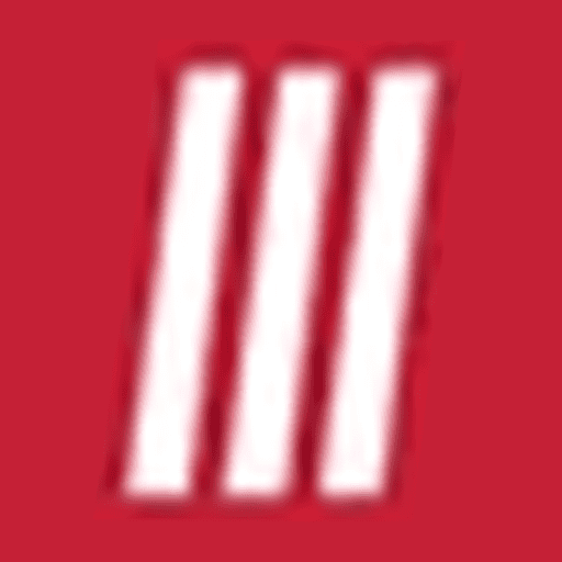 1. Bold red background with three white vertical stripes, modern design, striking visual impact.