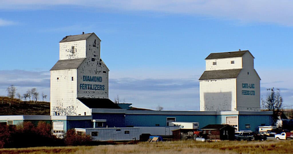 Grain silos, farm buildings, rural landscape, agricultural storage, weathered silos, farming community, open sky, countryside, crop storage, historic farm structures, rural economy.