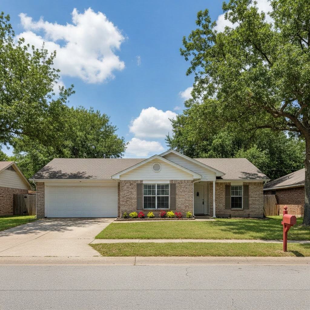 Bright suburban house with brick exterior, well-maintained lawn, and two large trees providing shade on a sunny day. Perfect for families seeking a cozy, welcoming home in a quiet neighborhood.