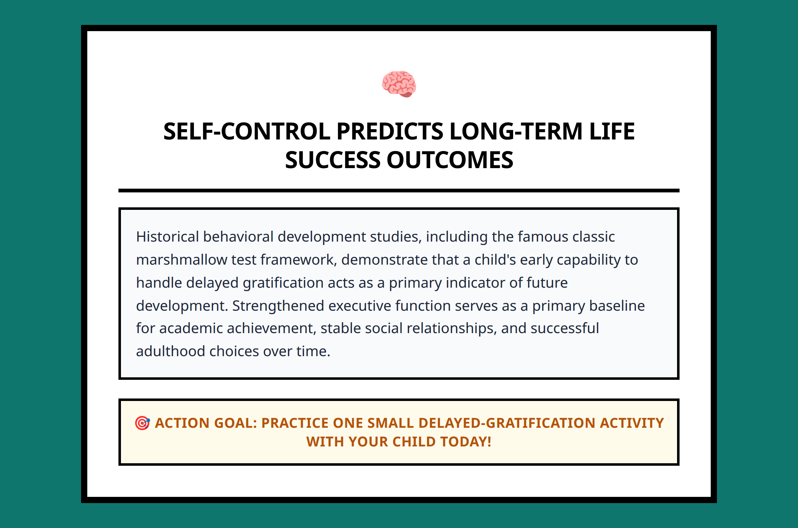 Mini poster highlighting the core takeaway from long-term delayed gratification research and the marshmallow test.