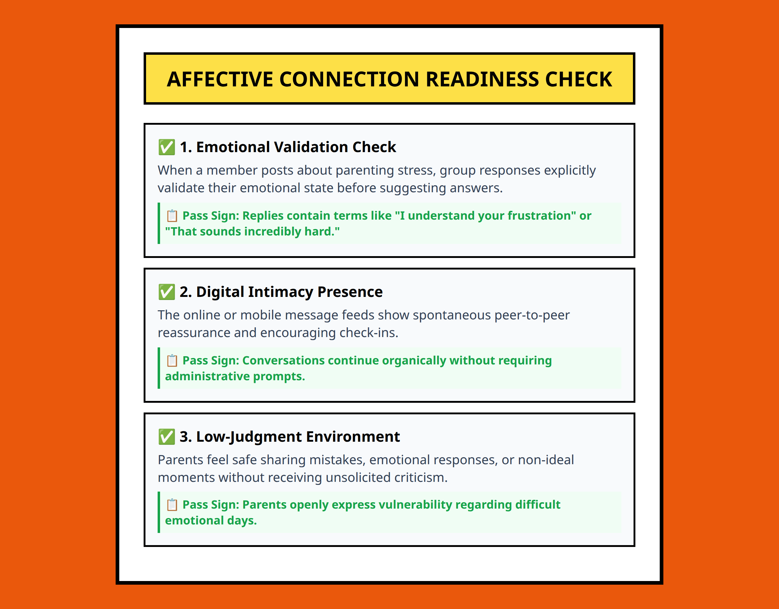 Checklist for assessing and building affective connection in family care communities.