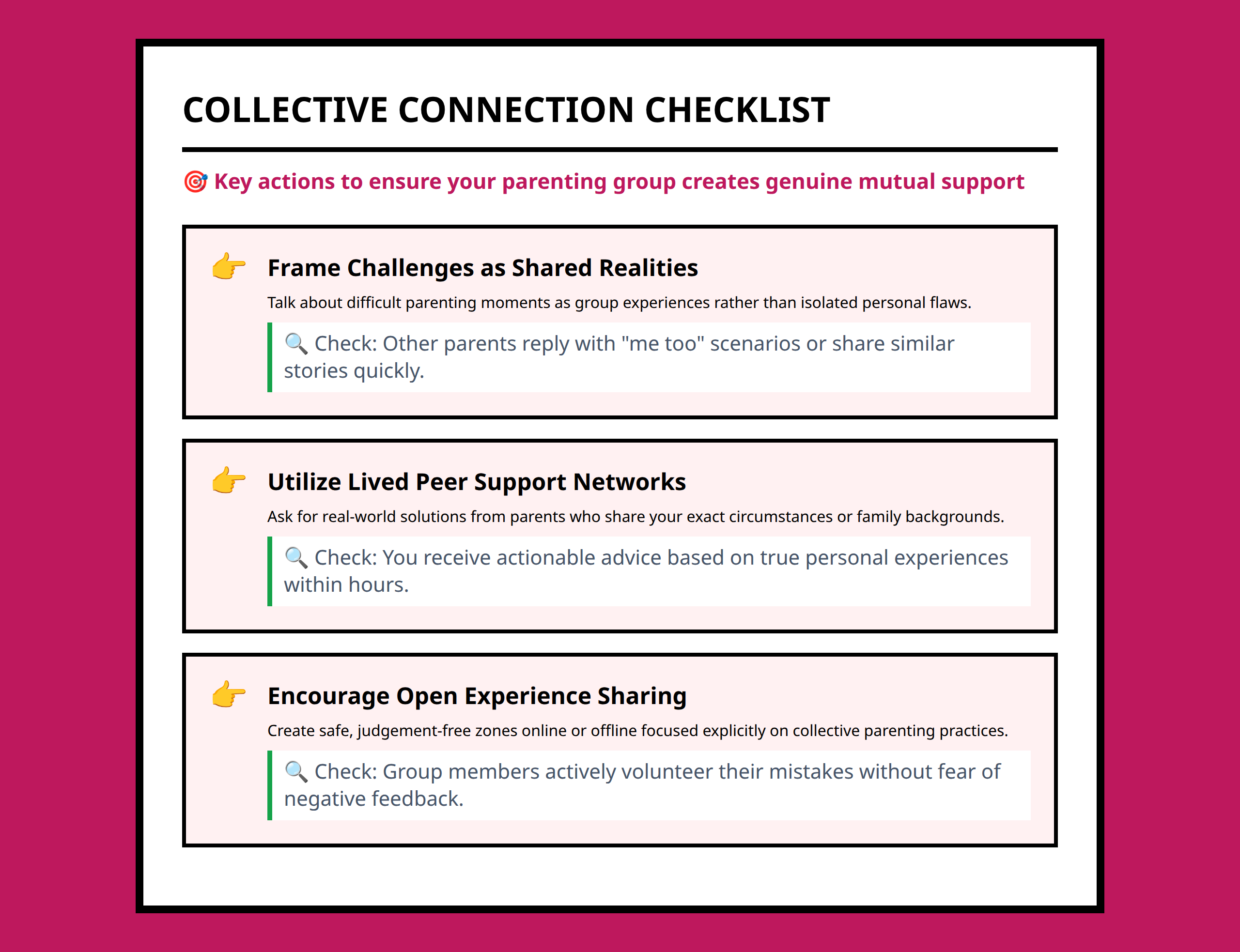 Parenting community connection checklist focusing on shared actions and signs.