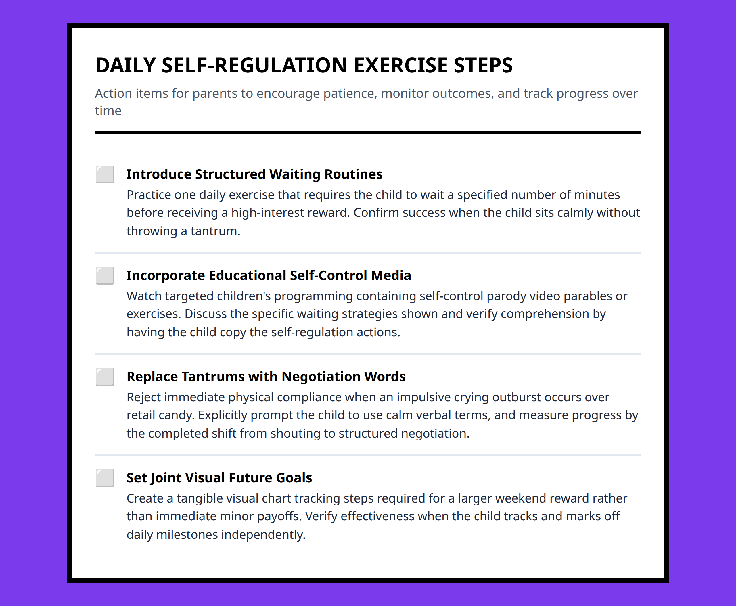 Checklist for parents outlining actionable items to reinforce daily self-regulation skills.