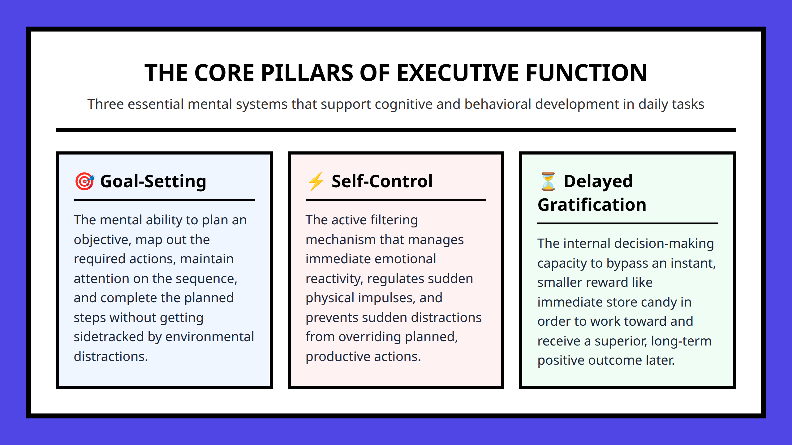 Infographic breakdown showing the three pillars of executive function: goal-setting, self-control, and delayed gratification.
