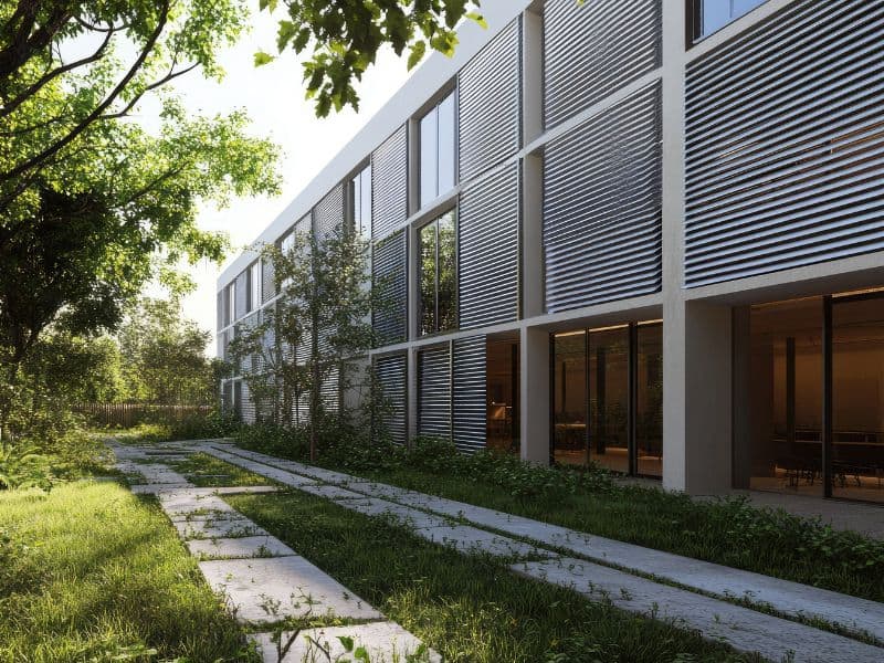 Building facade cladded with metal sun louvers