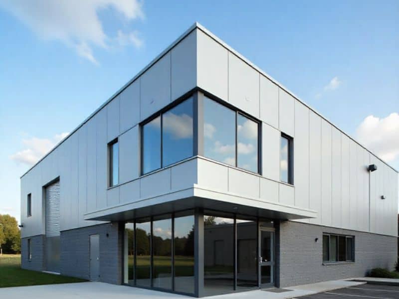 Modern Building facade cladding using light gray ACP sheets with a glass corner entrance.