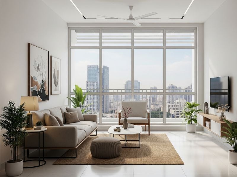 A stylish, sunlit living space designed for comfort and modern living.