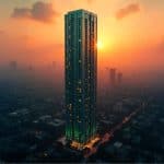 Tall modern building with Aludecor façade shining at sunset