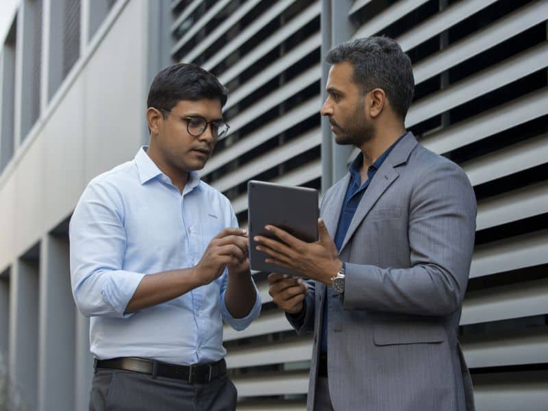 Architect and maintenance expert inspecting Aludecor ACP louver façade to ensure long-term structural performance