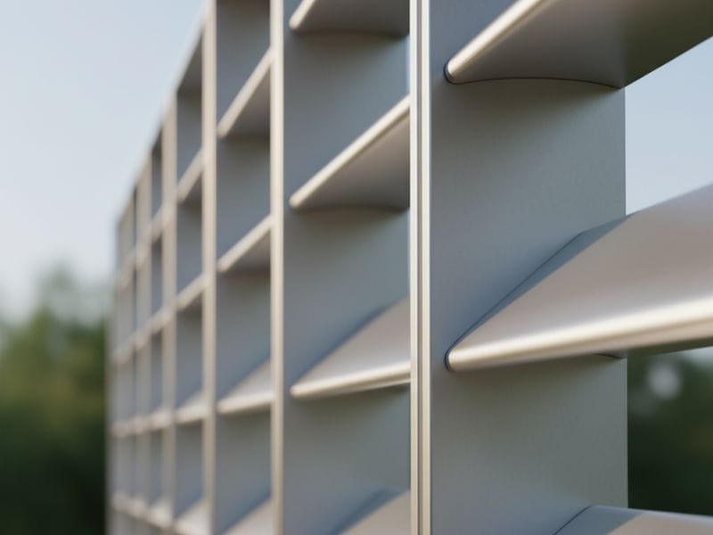 Close-up view of Alubreeze metal louver fins with precision-engineered angles