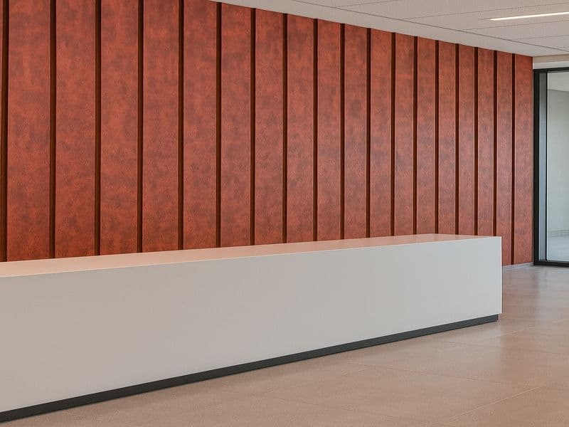 Contemporary interior design using vertical aluminium louver wall panels in woodgrain finish for warm modern aesthetics