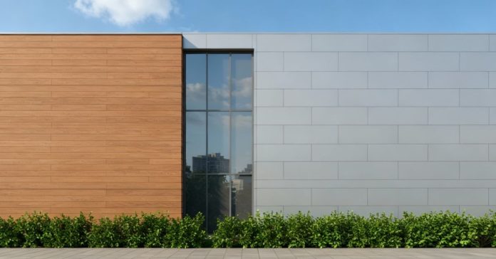 Modern building façade comparing ACP panels and solid aluminium panels