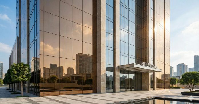 Modern commercial building with reflective mirror-finish façade panels showing high clarity reflection and premium architectural design