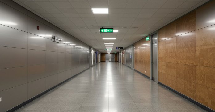 Modern commercial corridor featuring durable aluminium wall cladding for high-traffic protection