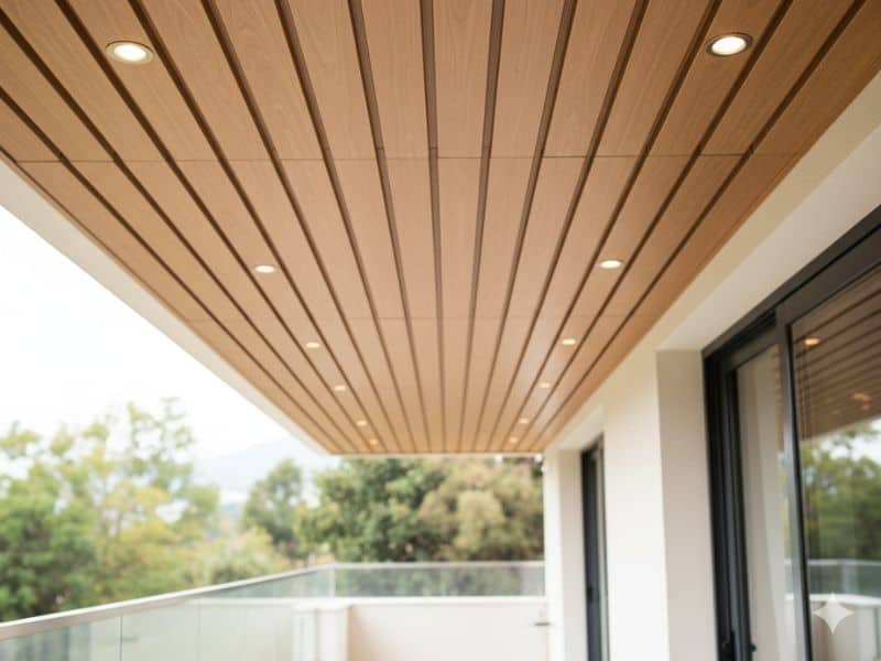 Wood-finish ceiling louvers with recessed lighting on a modern balcony Wood-finish ceiling louvers with recessed lighting on a modern balcony