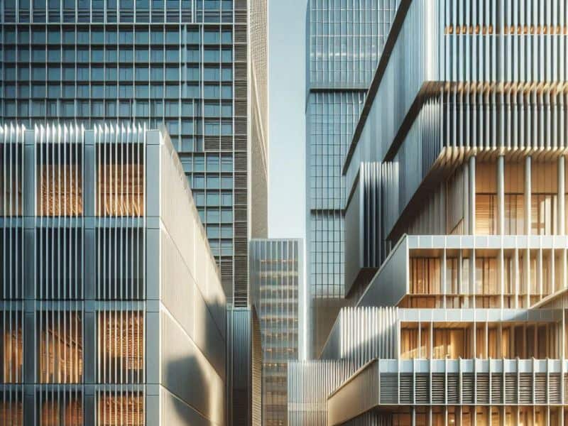 Modern buildings with aluminium louvers for smart, energy-efficient façades
