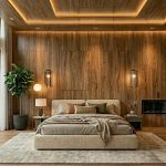 Luxurious bedroom with a wood-paneled wall, king bed, and warm ambient lighting, flanked by pendant lamps and plants.