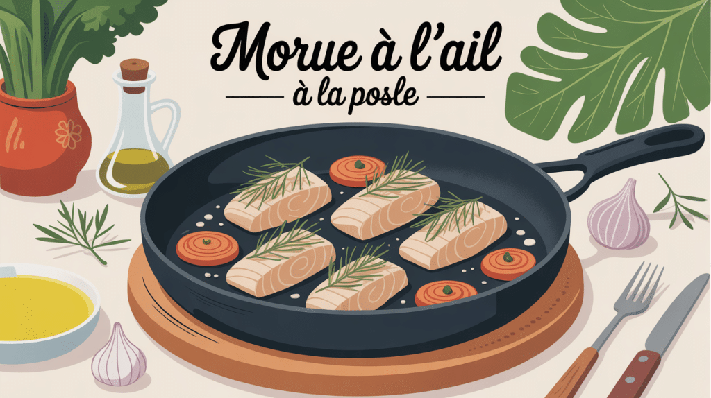 morue à l'ail à la poêle dans une poêle dorée avec ail et persil