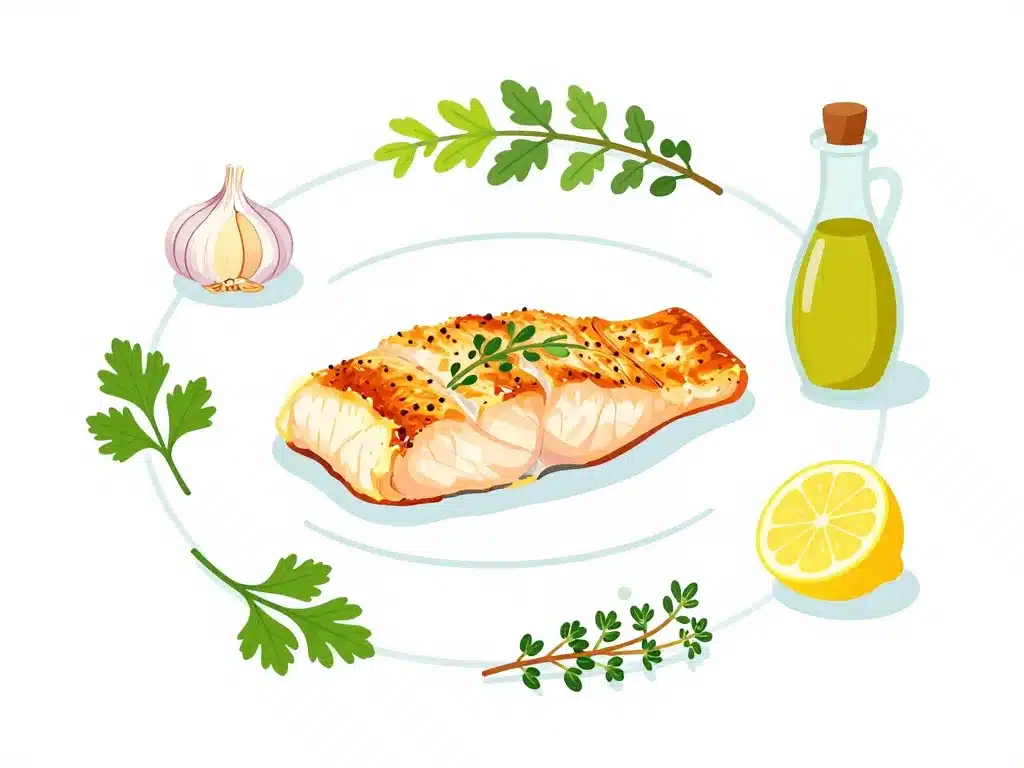 ingrédients morue à l'ail à la poêle herbes et huile