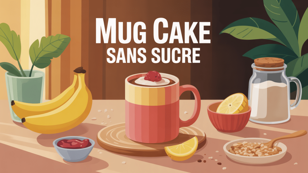 Mug cake sans sucre entouré d'ingrédients naturels