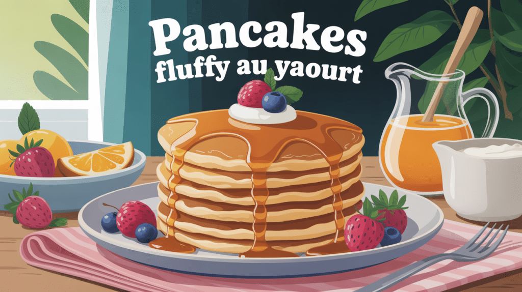 Pile pancakes fluffy yaourt dorés avec fruits et yaourt