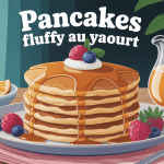 Pile pancakes fluffy yaourt dorés avec fruits et yaourt