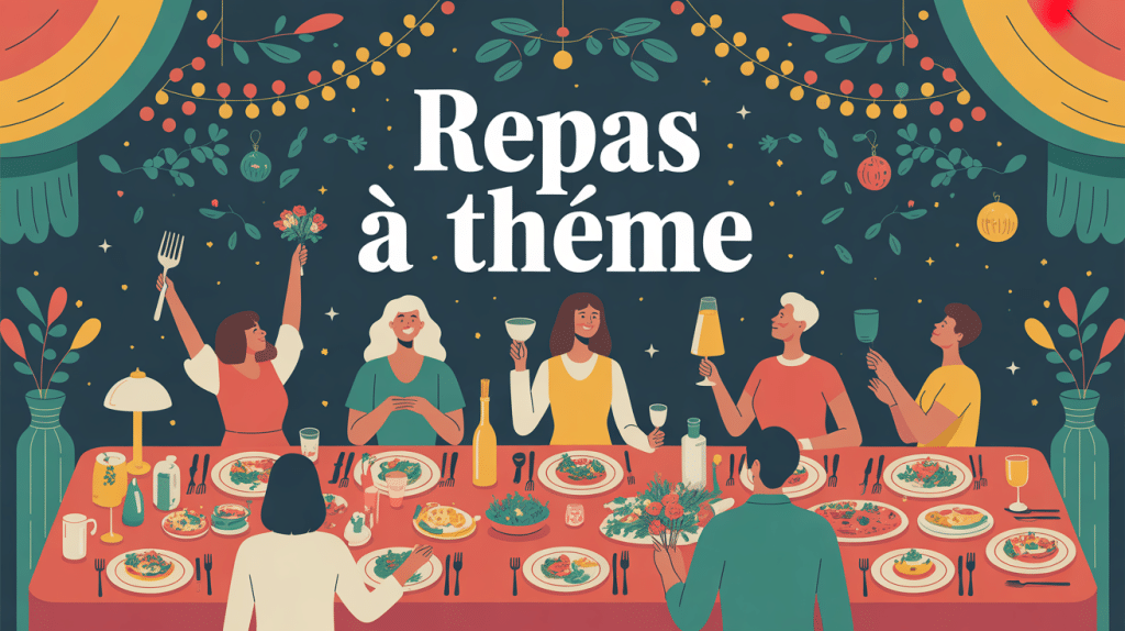 Repas à thème grande table invitée ambiance festive