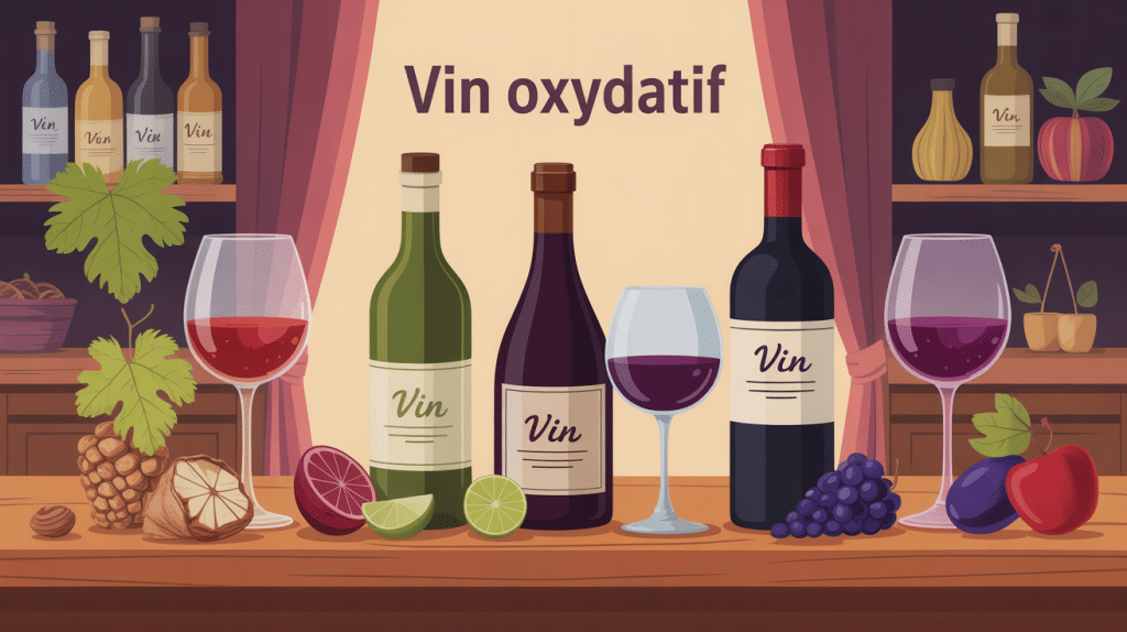 illustration vin oxydatif bouteilles ambrées arômes noix