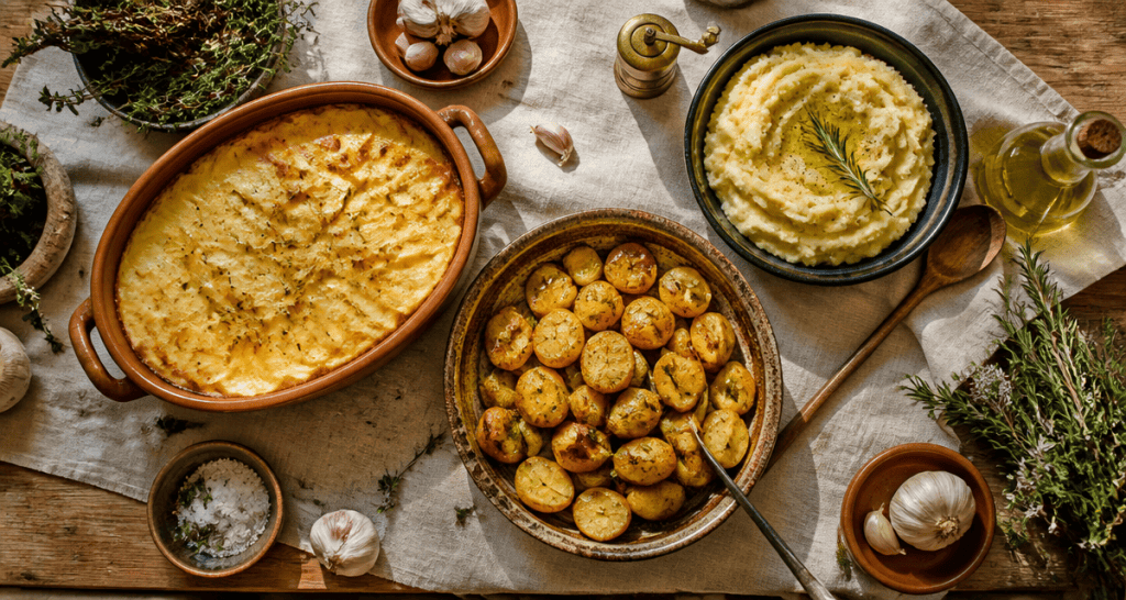 accompagnement de pommes de terre gratin rôti écrasé sur table