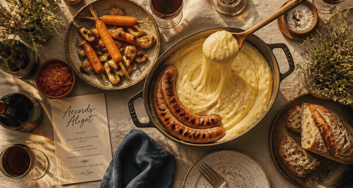 Aligot accompagnement sur table avec légumes et saucisse