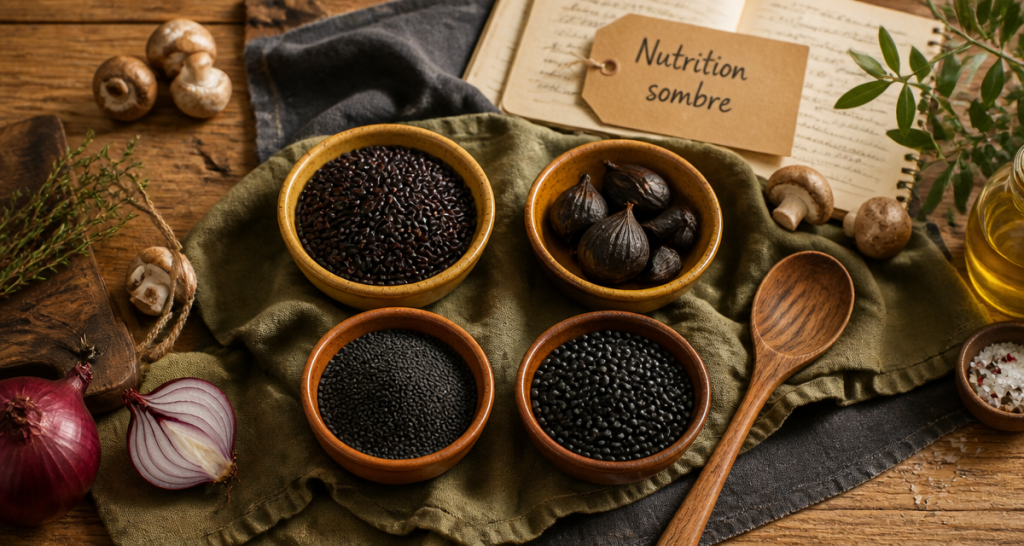 aliments noirs sur table rustique, riz Venere, ail noir, sésame noir, lentilles Beluga