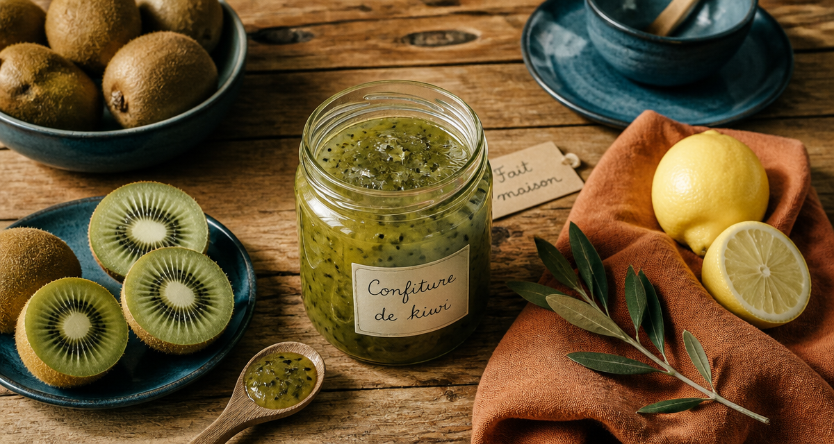 Pot confiture de kiwi de grand-mère avec kiwis frais