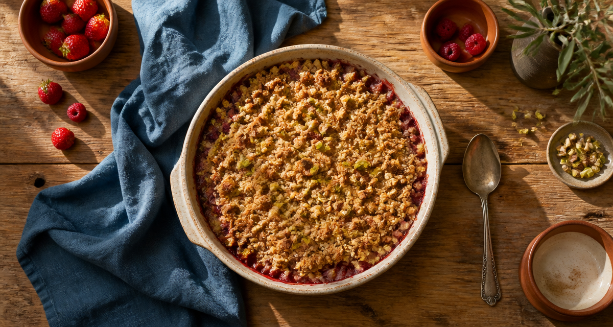 crumble fraise framboise plat céramique pistaches