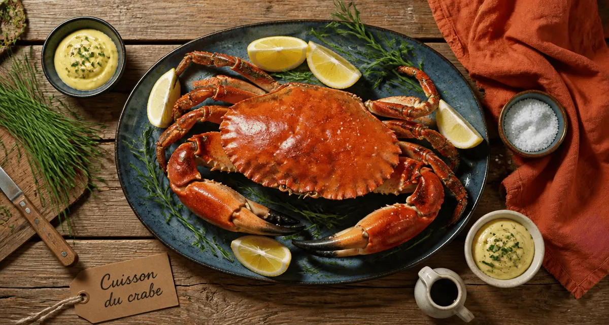 Cuisson des crabes, tourteau entier sur plateau, pinces intactes