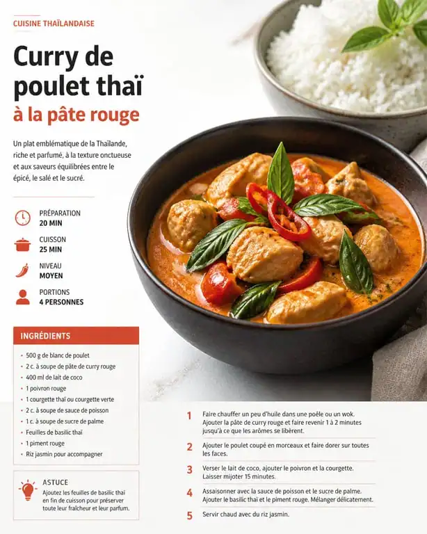 Curry de poulet traditionnel à la pâte de curry rouge servi avec du riz jasmin
