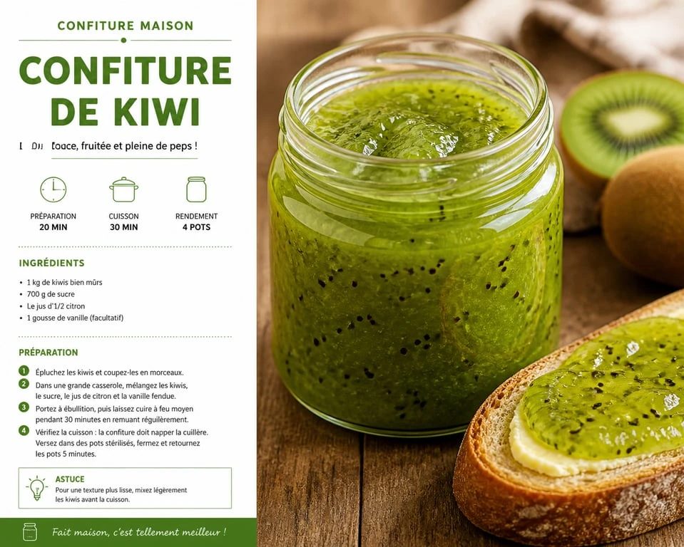 Pot de confiture de kiwi maison artisanale sur une table en bois