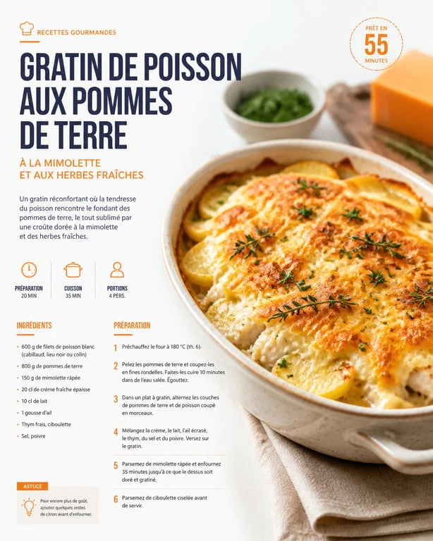 Gratin de poisson et pommes de terre façon Cyril Lignac servi dans un plat à gratin