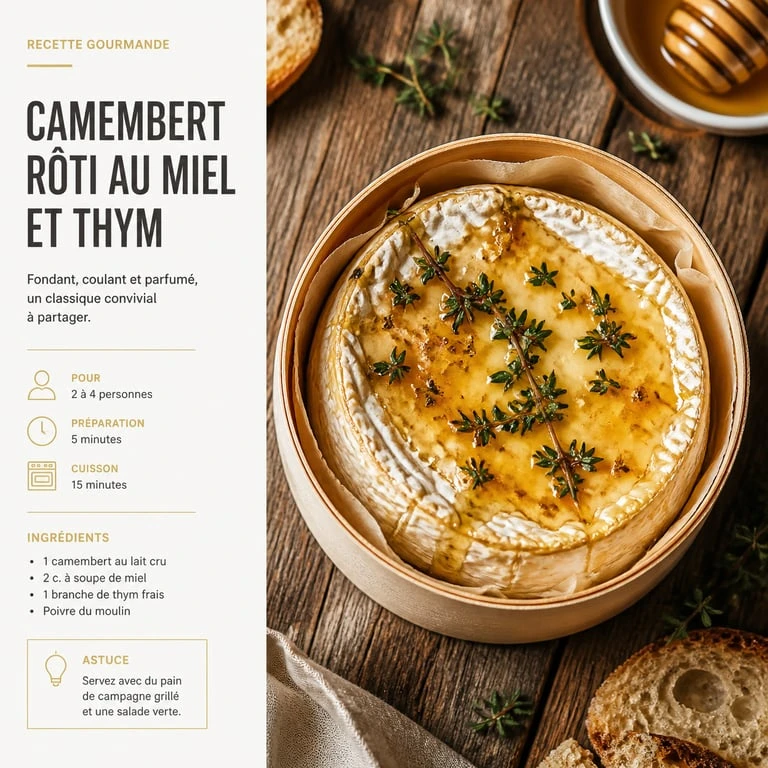 Camembert rôti au four au miel et thym, prêt à être dégusté