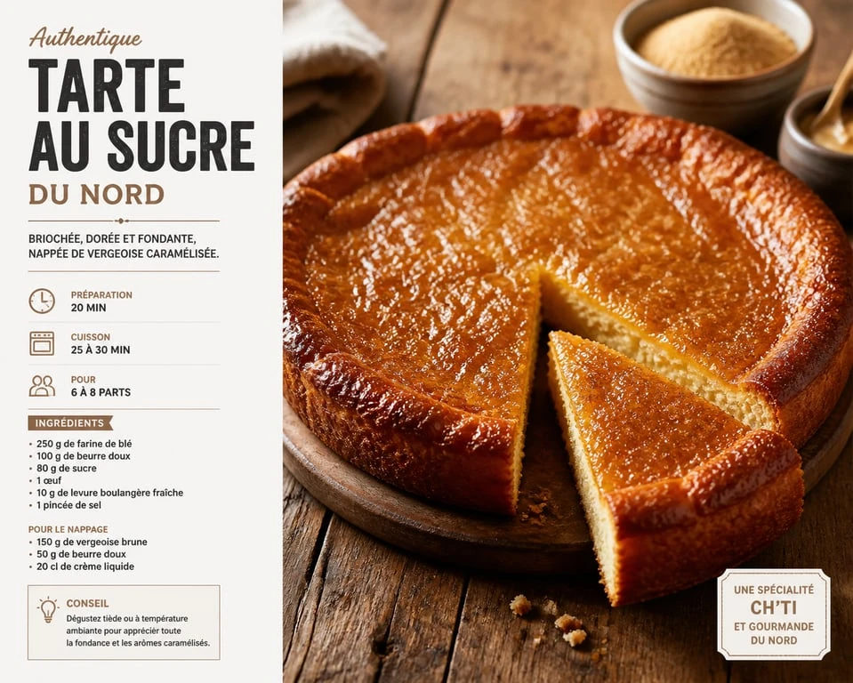 Tarte au sucre du Nord traditionnelle avec sa croûte briochée et son nappage caramélisé