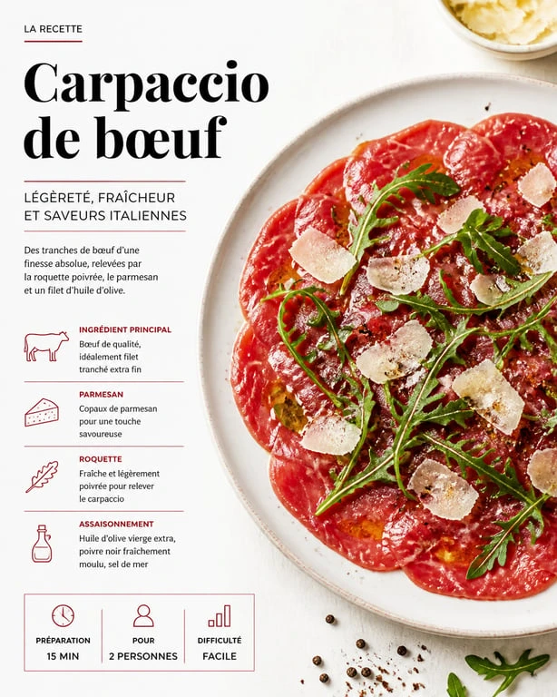 Carpaccio de parasangue de bœuf, une pièce de viande rare servie en fines tranches avec parmesan et roquette.
