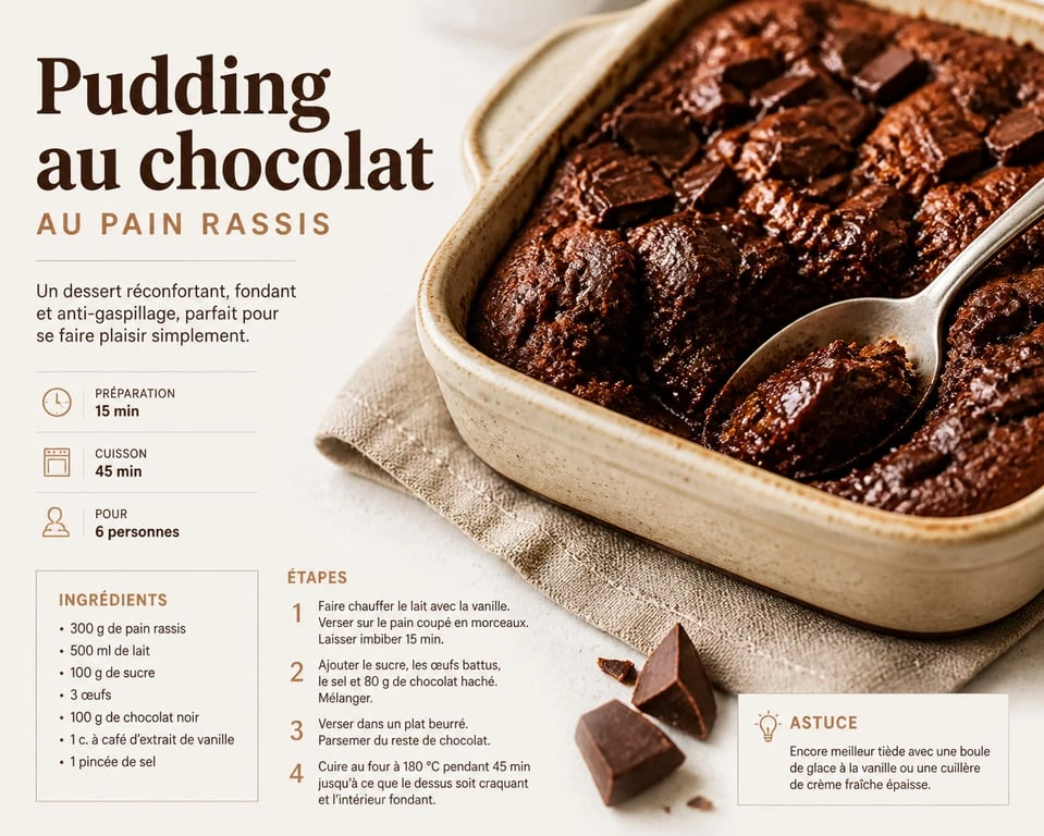 Pudding au chocolat anti-gaspi réalisé avec du pain rassis