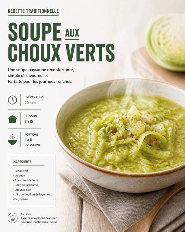 Soupe aux choux verts traditionnelle dans une assiette rustique