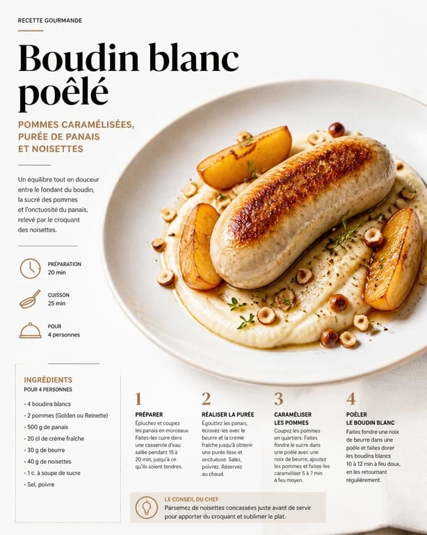 Boudin blanc poêlé aux pommes caramélisées et purée de panais, une recette festive et gourmande.