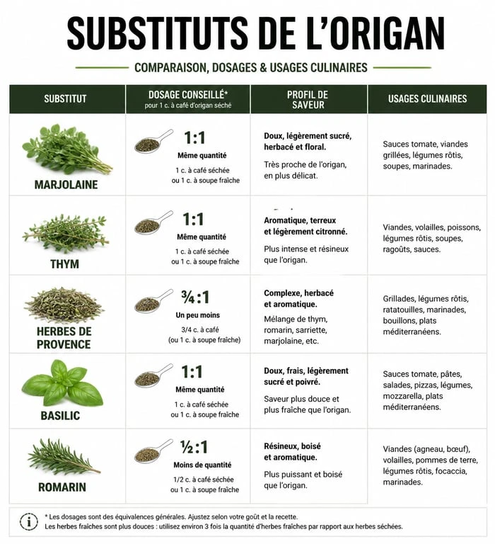 Infographie comparative des substituts de l'origan pour remplacer l'origan en cuisine avec dosages et usages