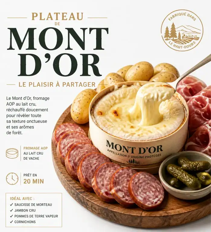 Plateau de Mont d'Or au four accompagné de charcuterie et pommes de terre
