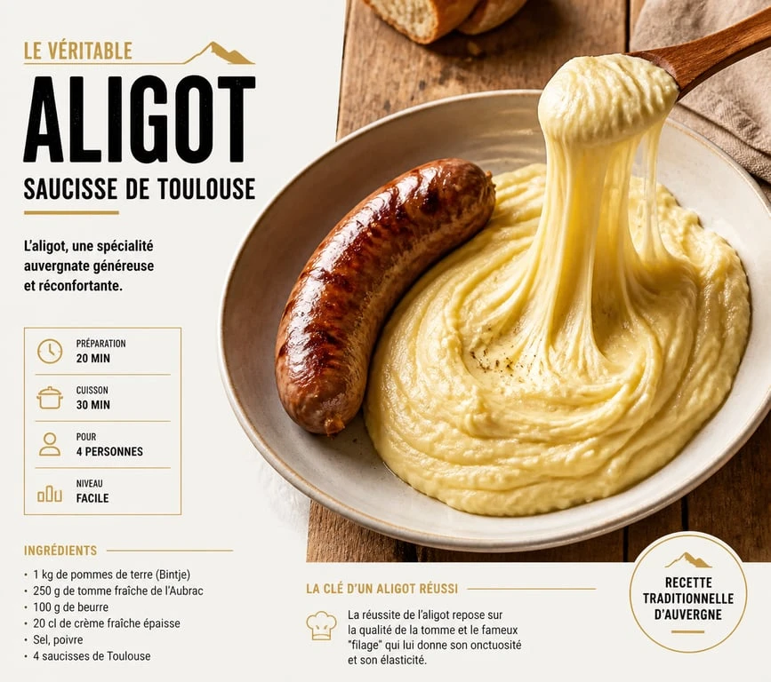 Aligot traditionnel accompagné d'une saucisse de Toulouse grillée