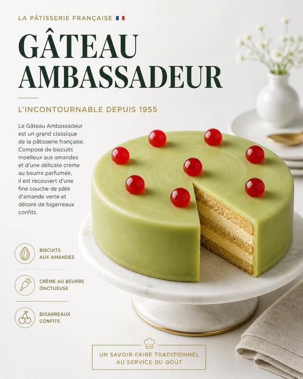 Gâteau Ambassadeur traditionnel avec pâte d'amande verte et fruits confits