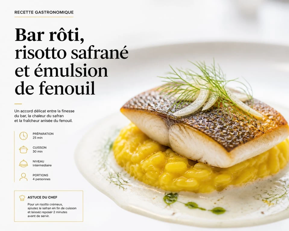 Filet de bar rôti, émulsion au fenouil et risotto safrané, recette gastronomique de La Cuisine de Fabrice