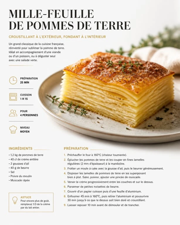 Mille-feuille de pommes de terre croustillant et fondant prêt à être servi