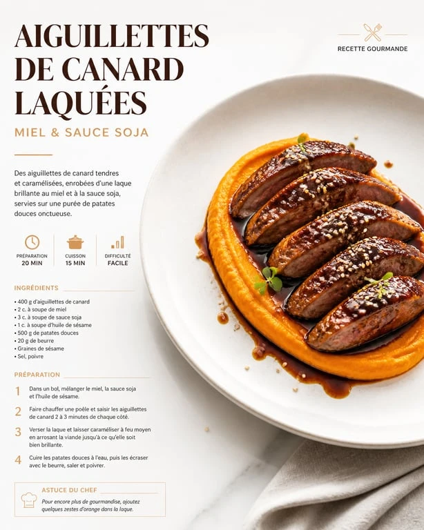 Menu un dîner presque parfait : aiguillettes de canard et purée de patates douces dressées façon gastronomique
